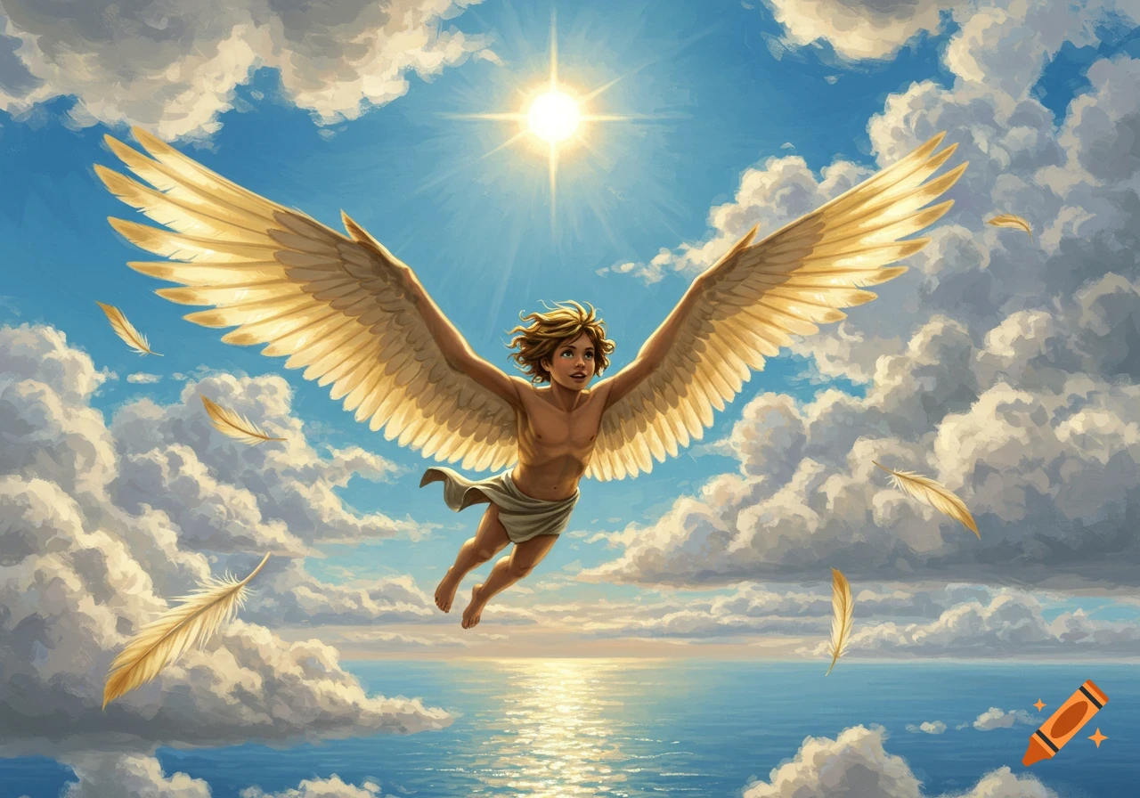 A young man with large golden wings soars high in a sunny, partly cloudy sky above a shimmering ocean.
