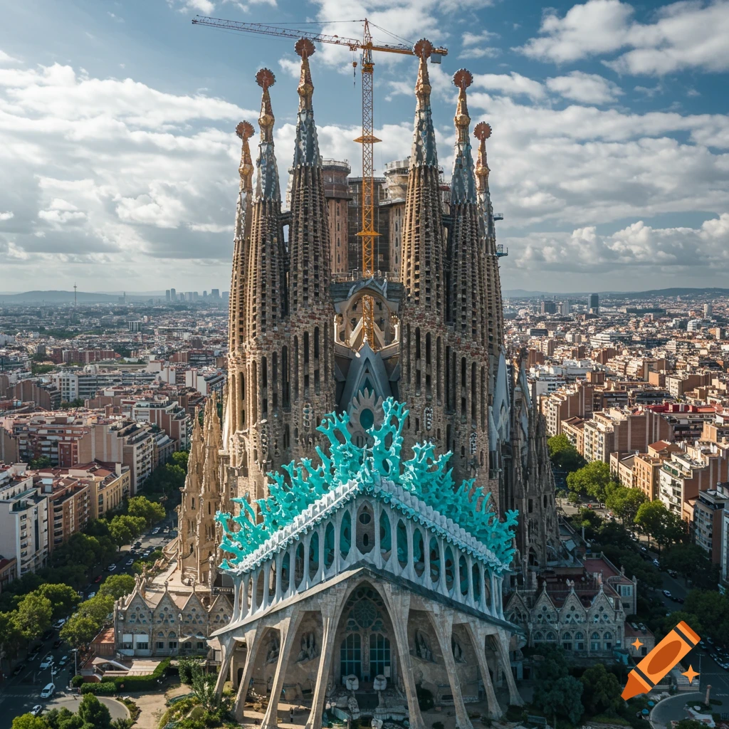 Aerial view of the Sagrada Familia basilica with turquoise, coral-like structures on its facade, surrounded by a city.