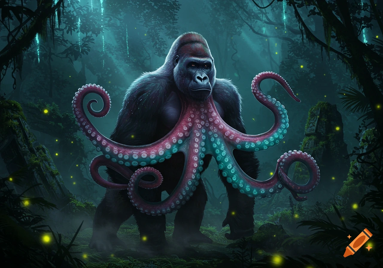 A dark fantasy illustration of a gorilla with a pink and teal octopus body, standing in a glowing jungle at night.