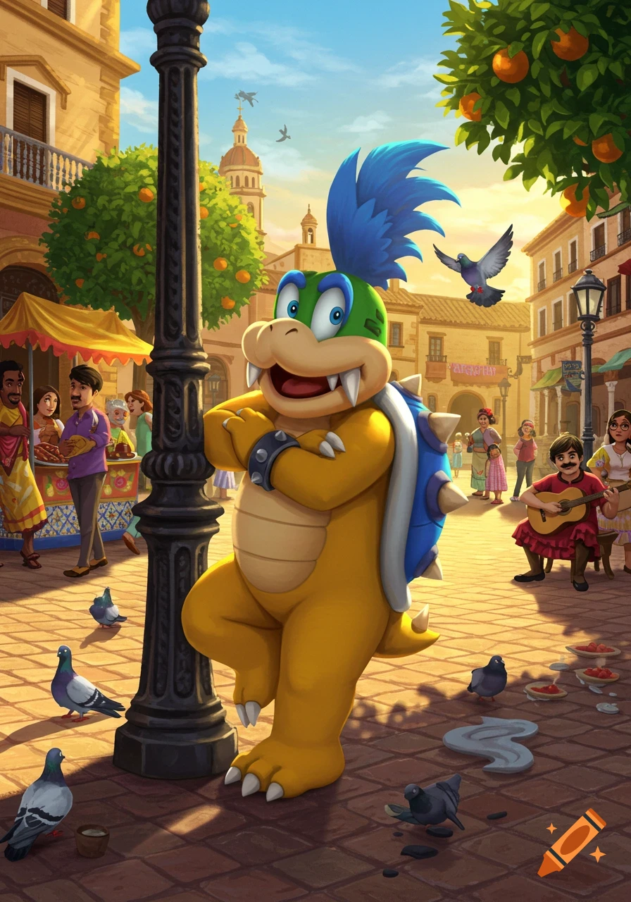 Larry Koopa smiles, leaning on a lamppost in a sunny Spanish street market with people, orange trees, and pigeons.