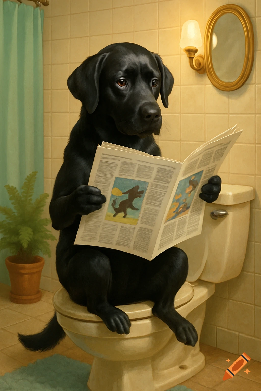 A black labrador dog sits on a toilet, reading a newspaper in a bathroom, with a plant and mirror in the background.