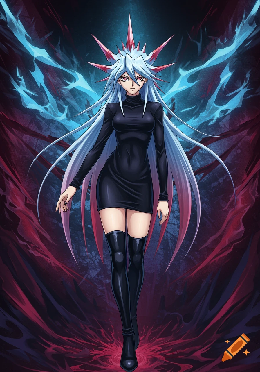 Anime girl in Yu-Gi-Oh style with spiky blue and red hair, black turtleneck dress, and boots, against a dark, glowing background.