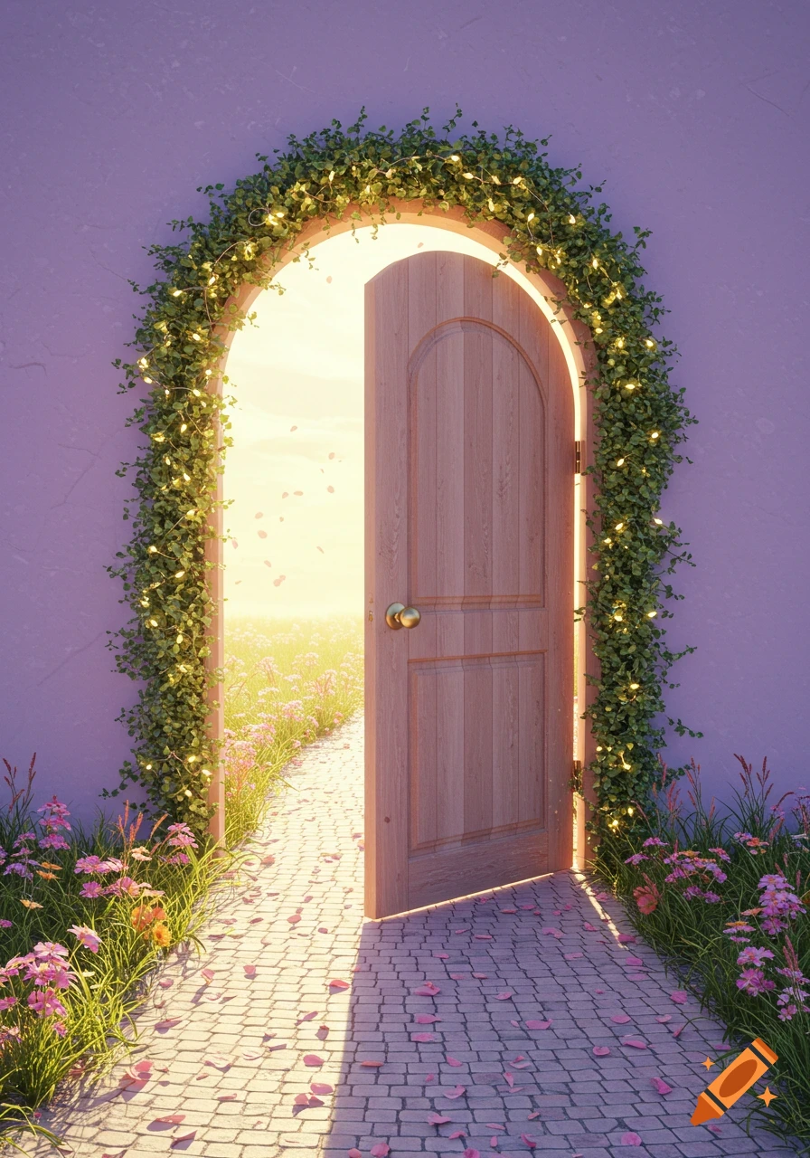 An open, arched wooden door in a purple wall, adorned with vines and string lights, revealing a sunlit field of pink flowers and a stone path.