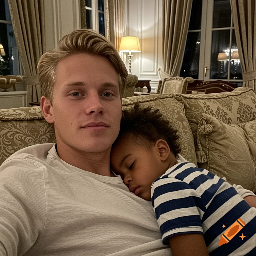 A man holding a sleeping child on a couch in a luxurious room at night.