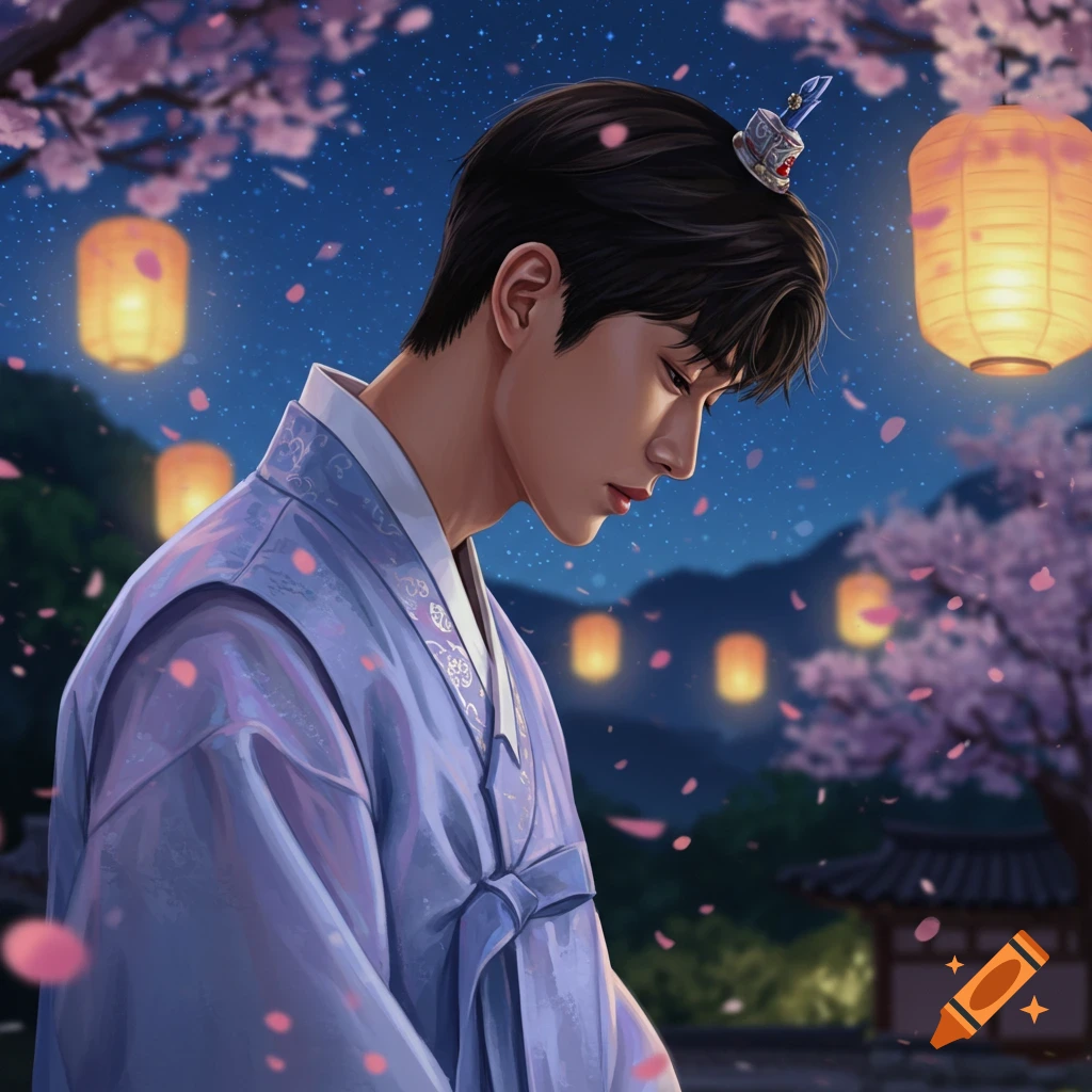 An Asian man in traditional Korean clothing looks down under cherry blossoms and glowing lanterns at night, in an illustrative style.