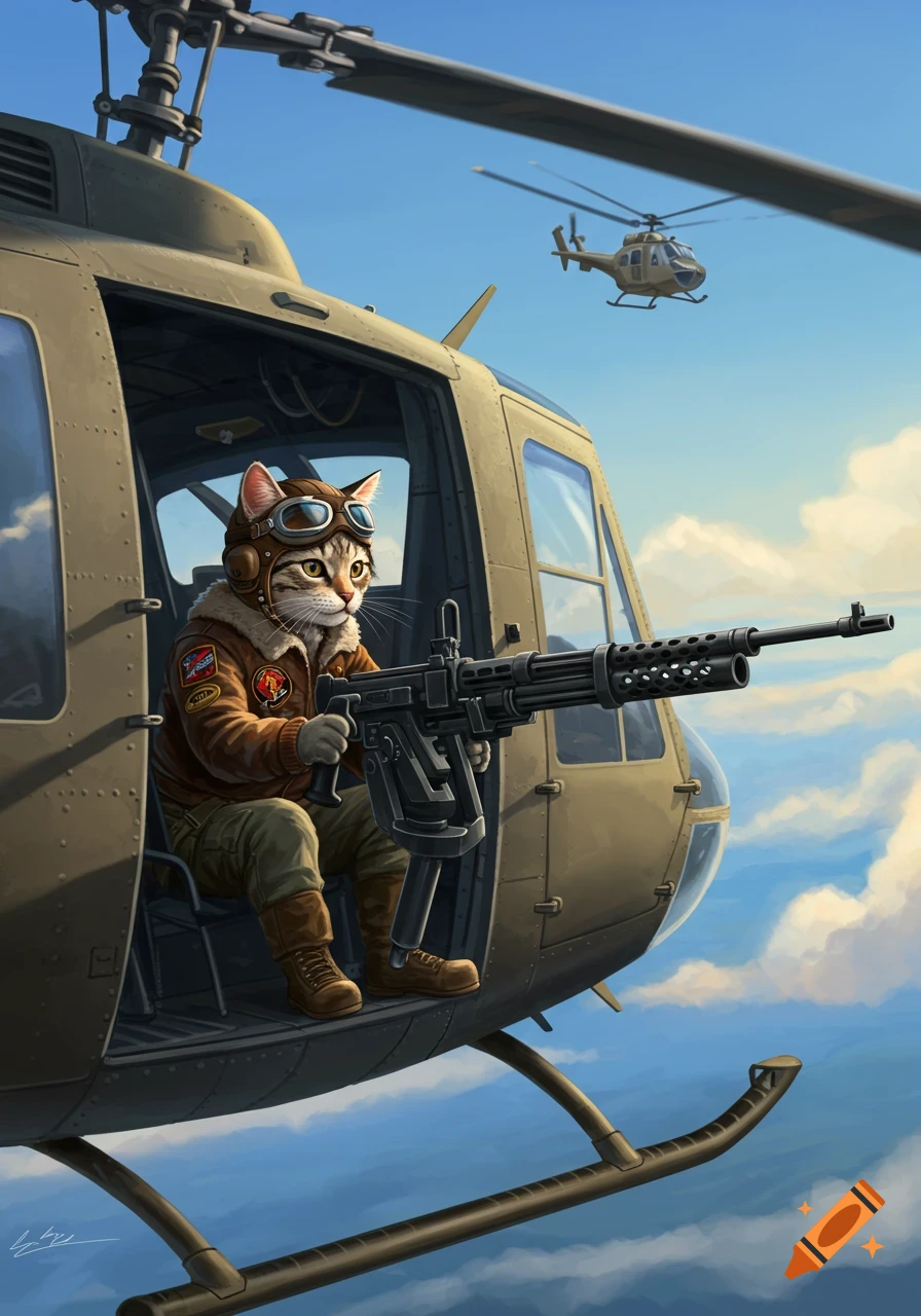 An anthropomorphic cat in a pilot's helmet and flight jacket sits in a helicopter doorway, holding a large machine gun. Another helicopter flies in the background.
