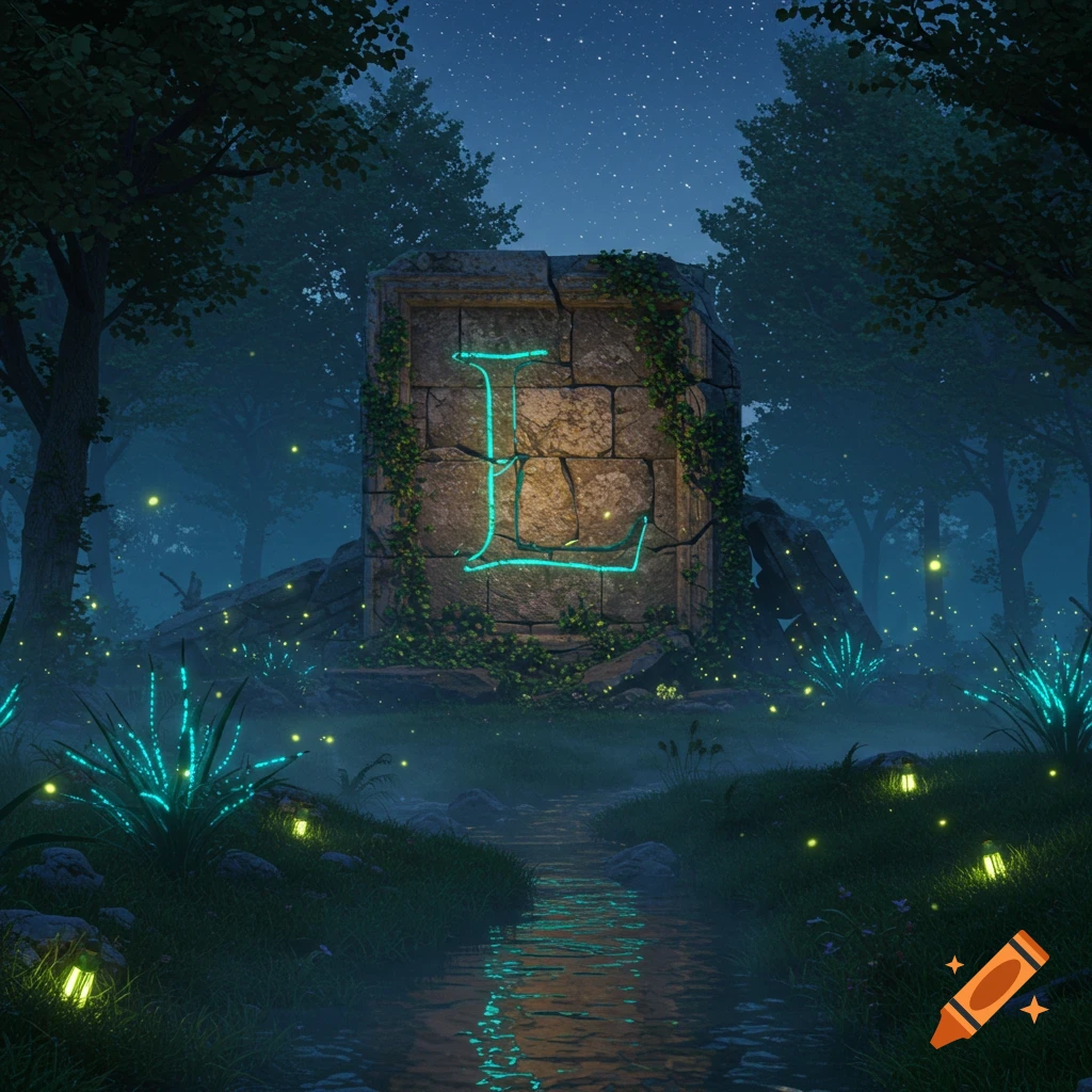 A glowing blue letter L etched into an ivy-covered stone monument in a mystical, foggy forest at night, with fireflies and a glowing stream.