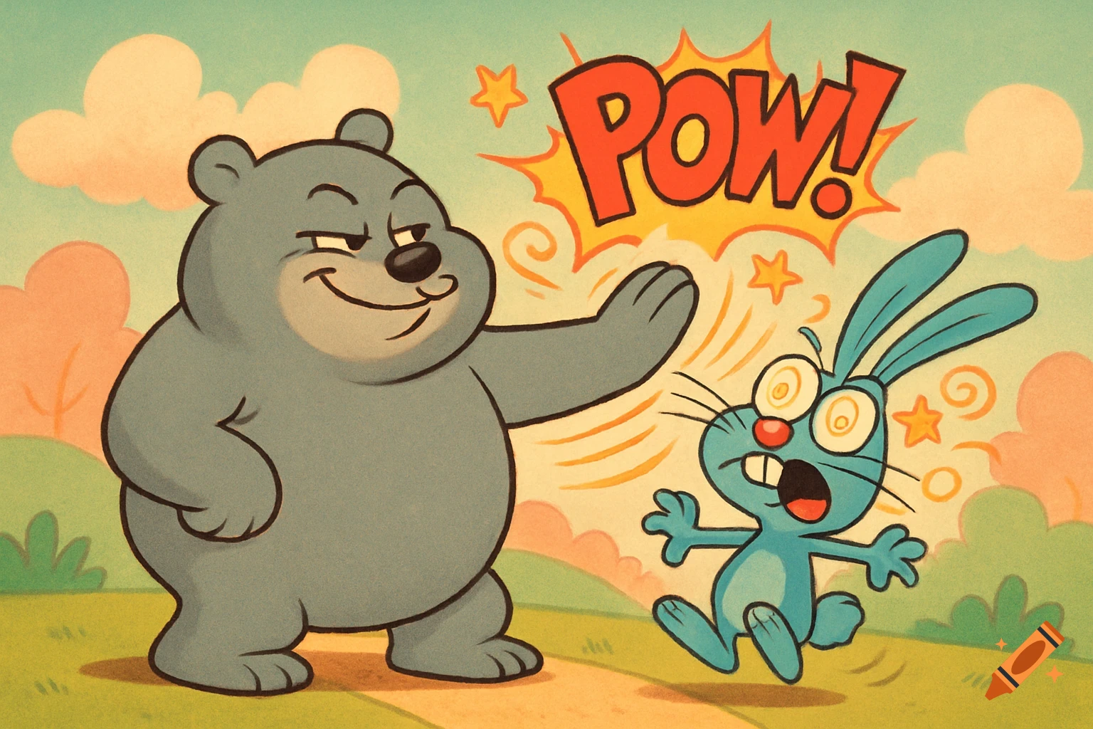 A smug grey bear slaps a small blue rabbit, who looks dizzy with eyes popping out, with 'POW!' text in a cartoon style.