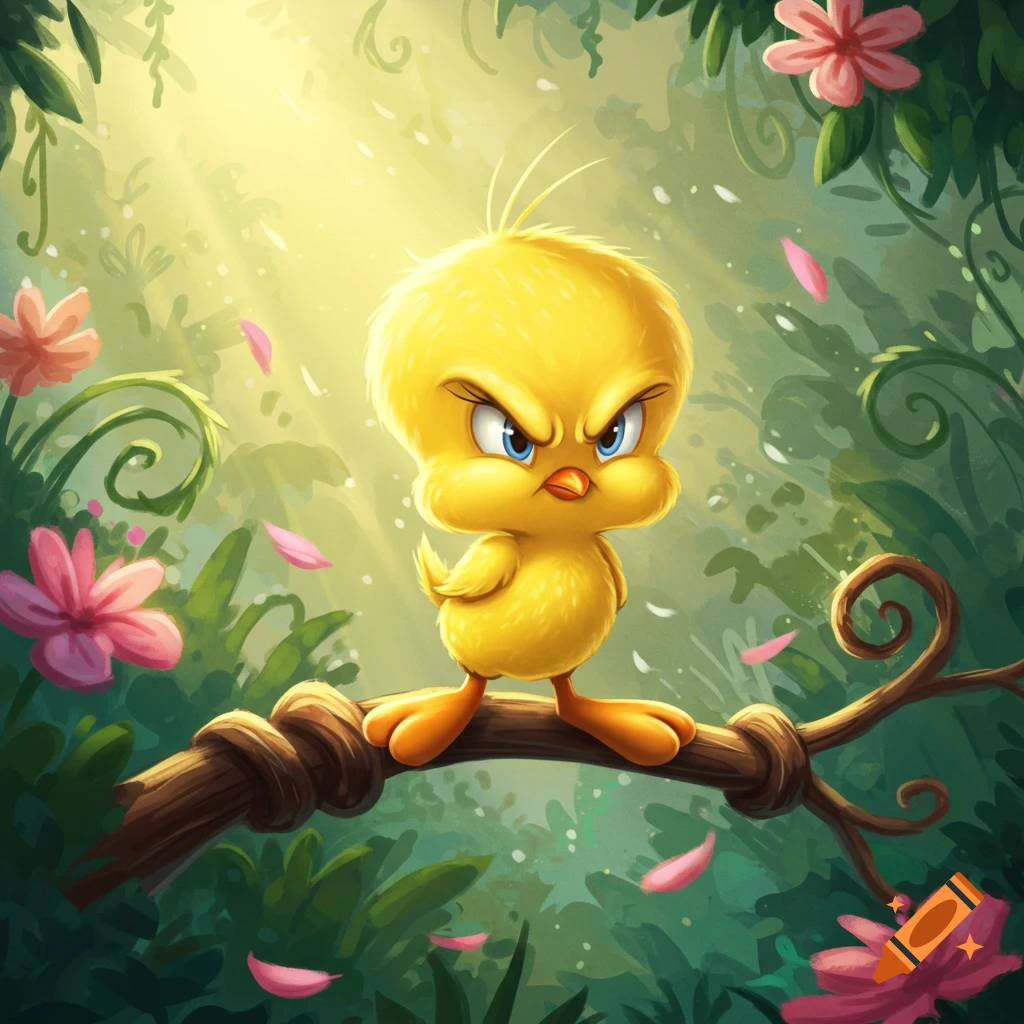 An angry Tweety Bird with furrowed brows stands on a branch in a vibrant, sunlit jungle with pink flowers. Stylized cartoon illustration.