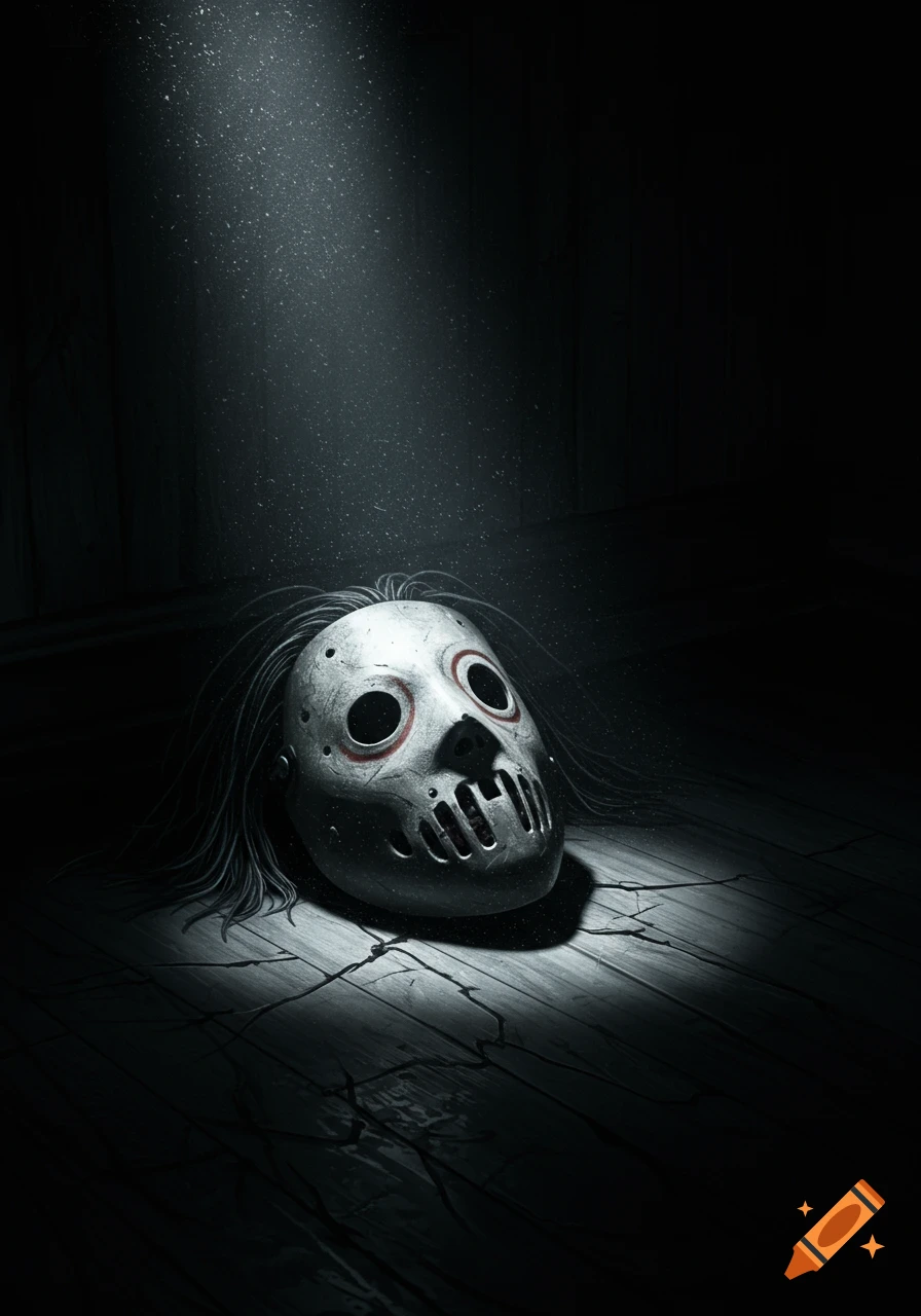 Eerie white Slipknot-style mask with red markings lying on a cracked wooden floor under a spotlight, surrounded by darkness.