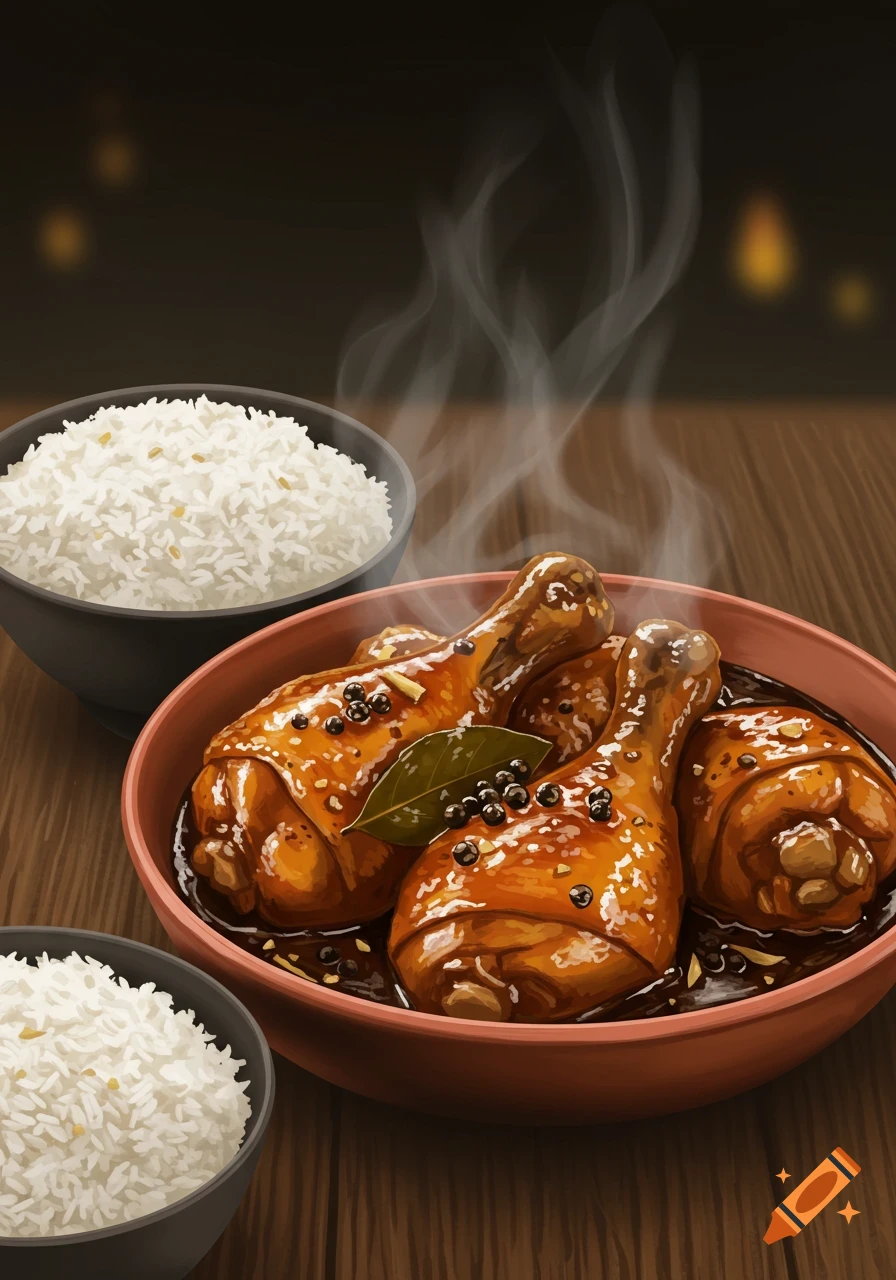 Steaming chicken adobo with bay leaf and peppercorns in a brown bowl, served with white rice on a wooden table, illustrative style.