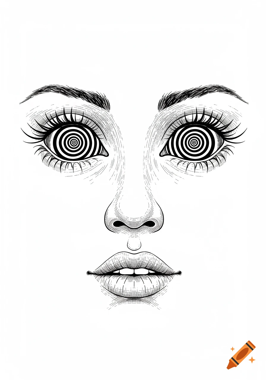 Black and white line drawing of a human face with spiral eyes, nose, and lips.