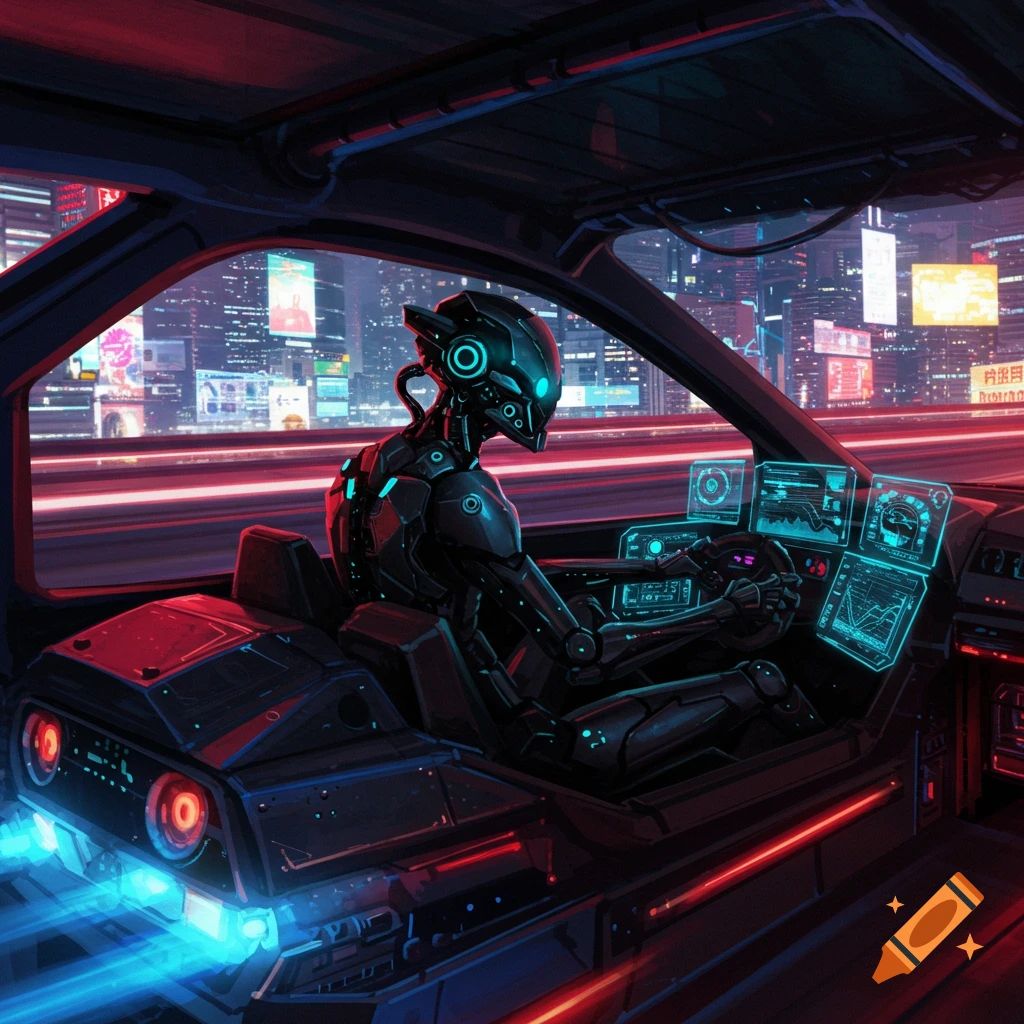 A black robot with glowing blue accents drives a futuristic car through a neon-lit cyberpunk city at night.