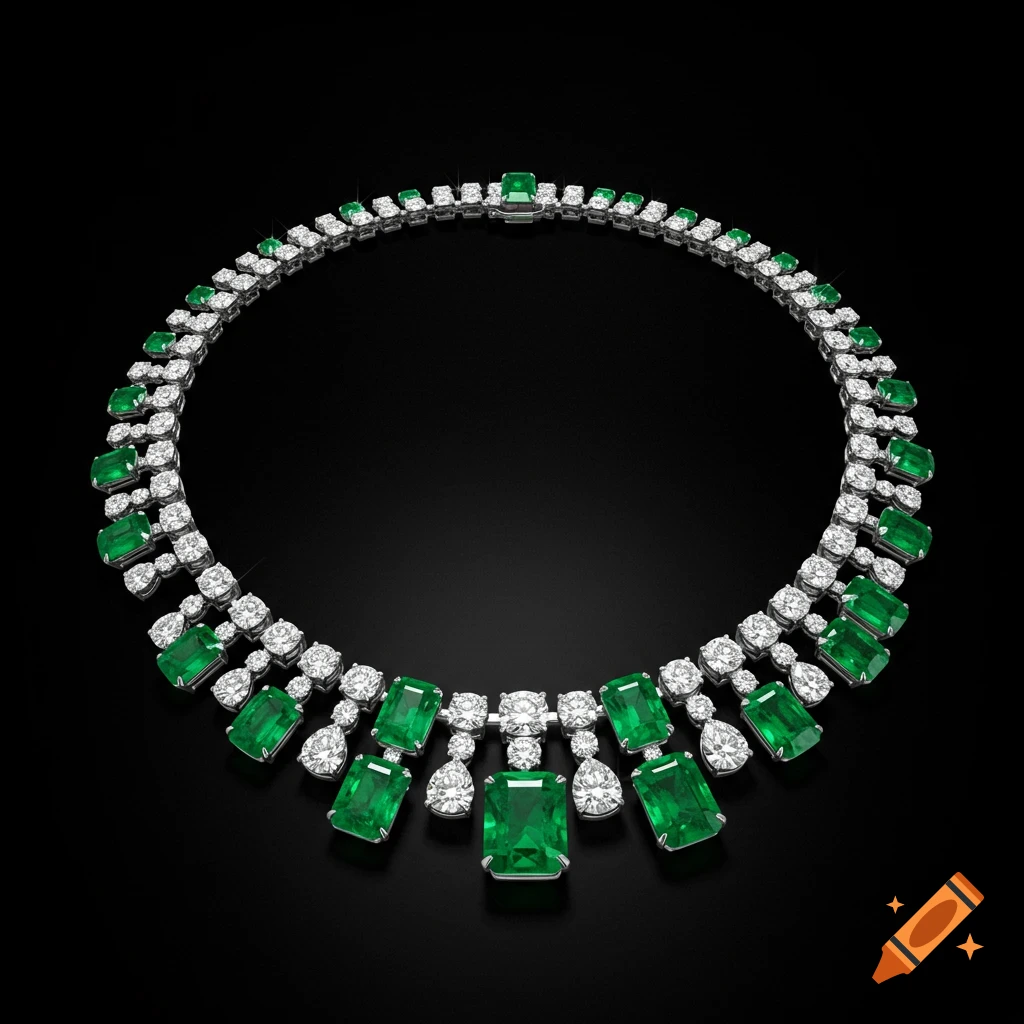 A luxurious emerald and diamond necklace featuring large rectangular emeralds and brilliant white diamonds on a black background.