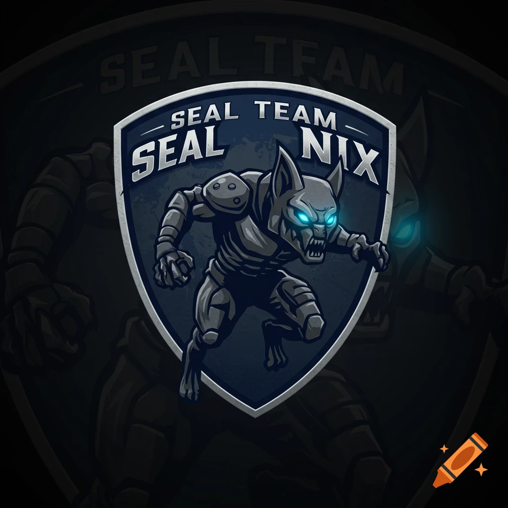 A blue and silver shield logo featuring a stylized armored wolf creature with glowing blue eyes, and the text 'SEAL TEAM SEAL NIX'.