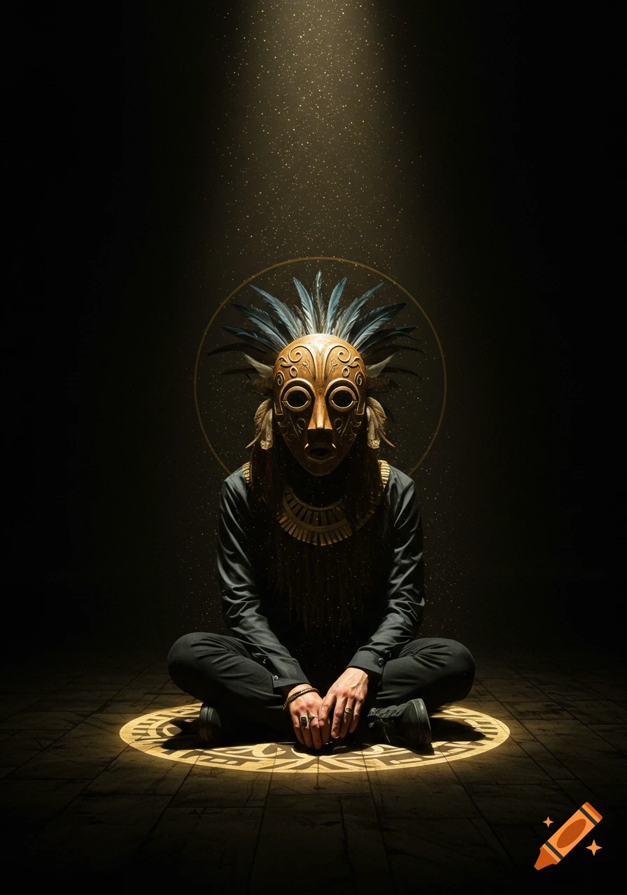 A masked figure sits cross-legged in a spotlight on a dark patterned floor, with dust motes floating in the light.