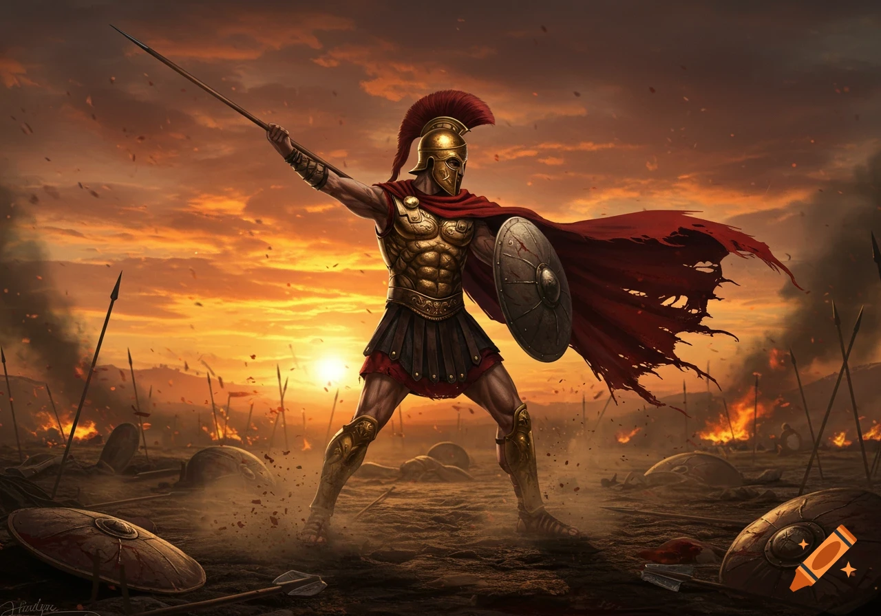 A Spartan warrior in golden armor and a red cape stands with a javelin on a burning battlefield at sunset.