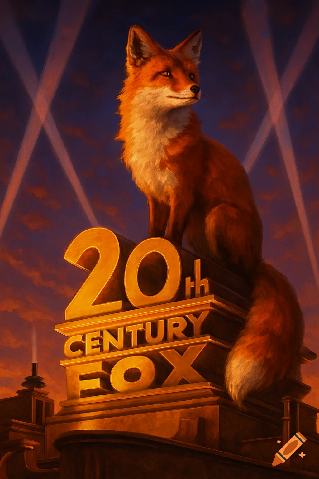 A realistic red fox sits atop the golden 20th Century Fox logo, under a sunset sky with searchlight beams.