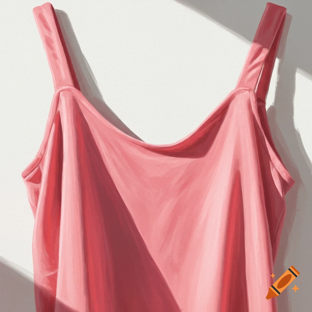 Close-up of a pink tank top with fabric folds and shadows against a white wall in a painted style.