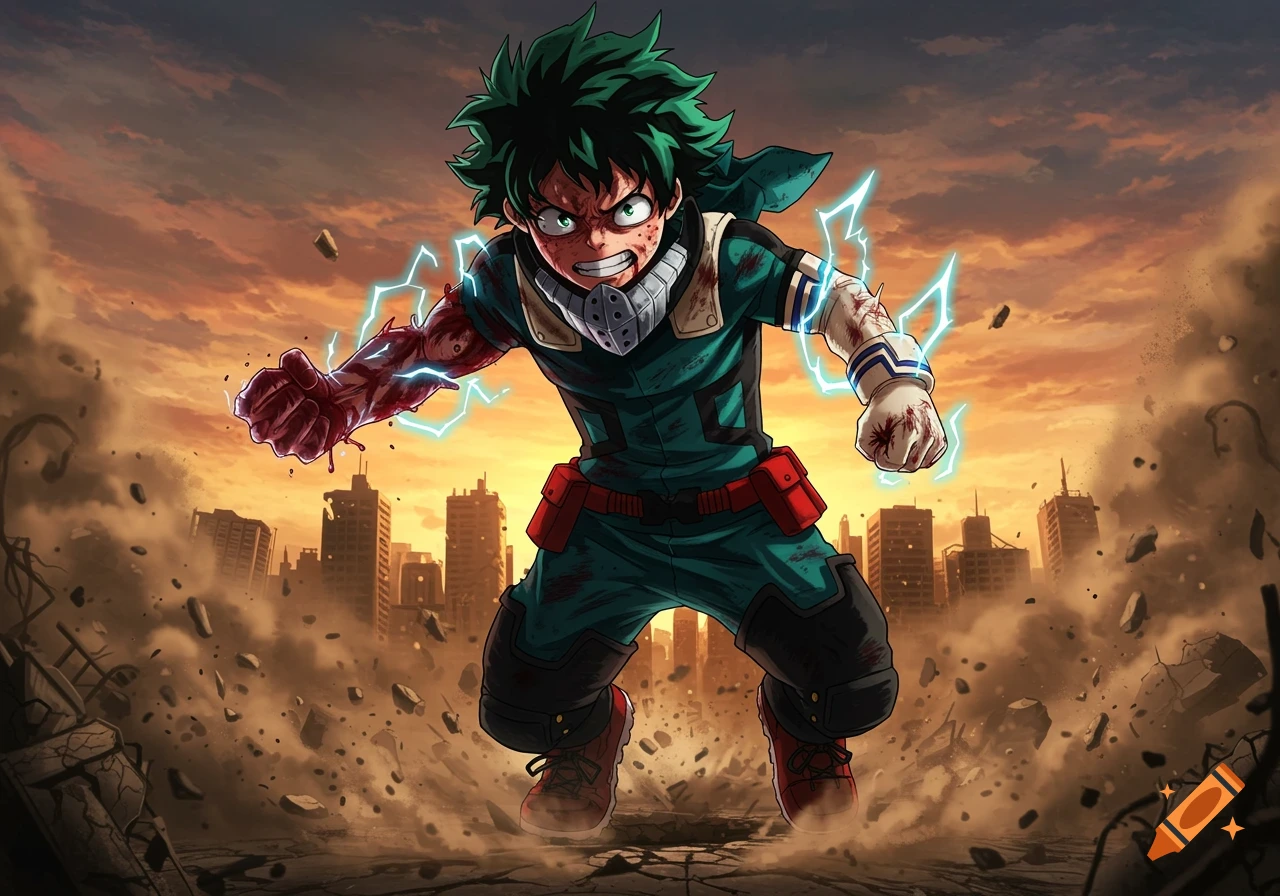 Izuku Midoriya (Deku) in his torn green and black superhero costume, appearing injured but determined. He is in an action pose with electric energy around his arms, amidst a destroyed city at sunset, in an anime style.