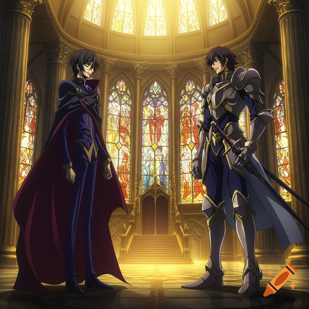 Two anime men, one in a purple cape and one in silver armor, stand in a grand hall with stained glass windows.