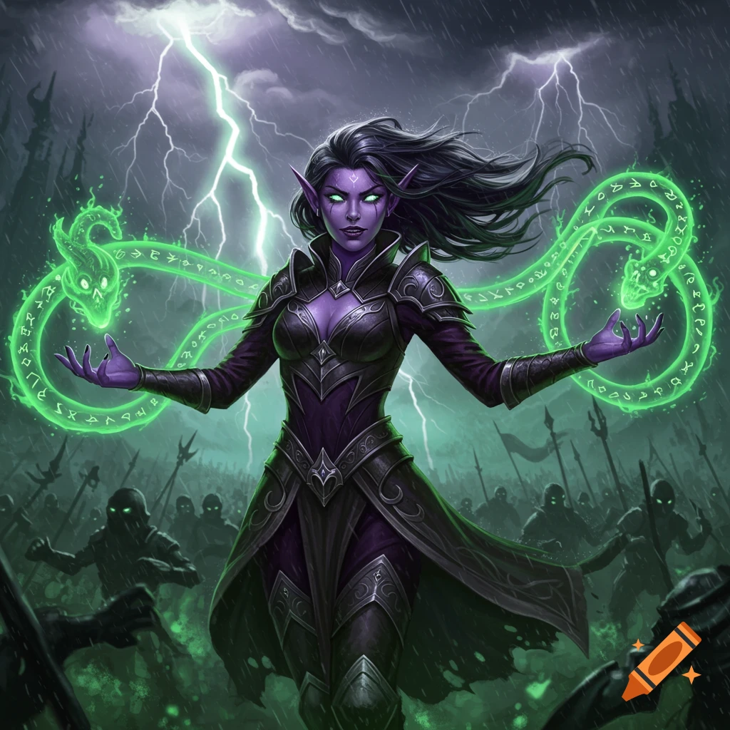 A drow warlock with purple skin and glowing eyes stands on a stormy battlefield, summoning green eldritch snake-like energy with runes.