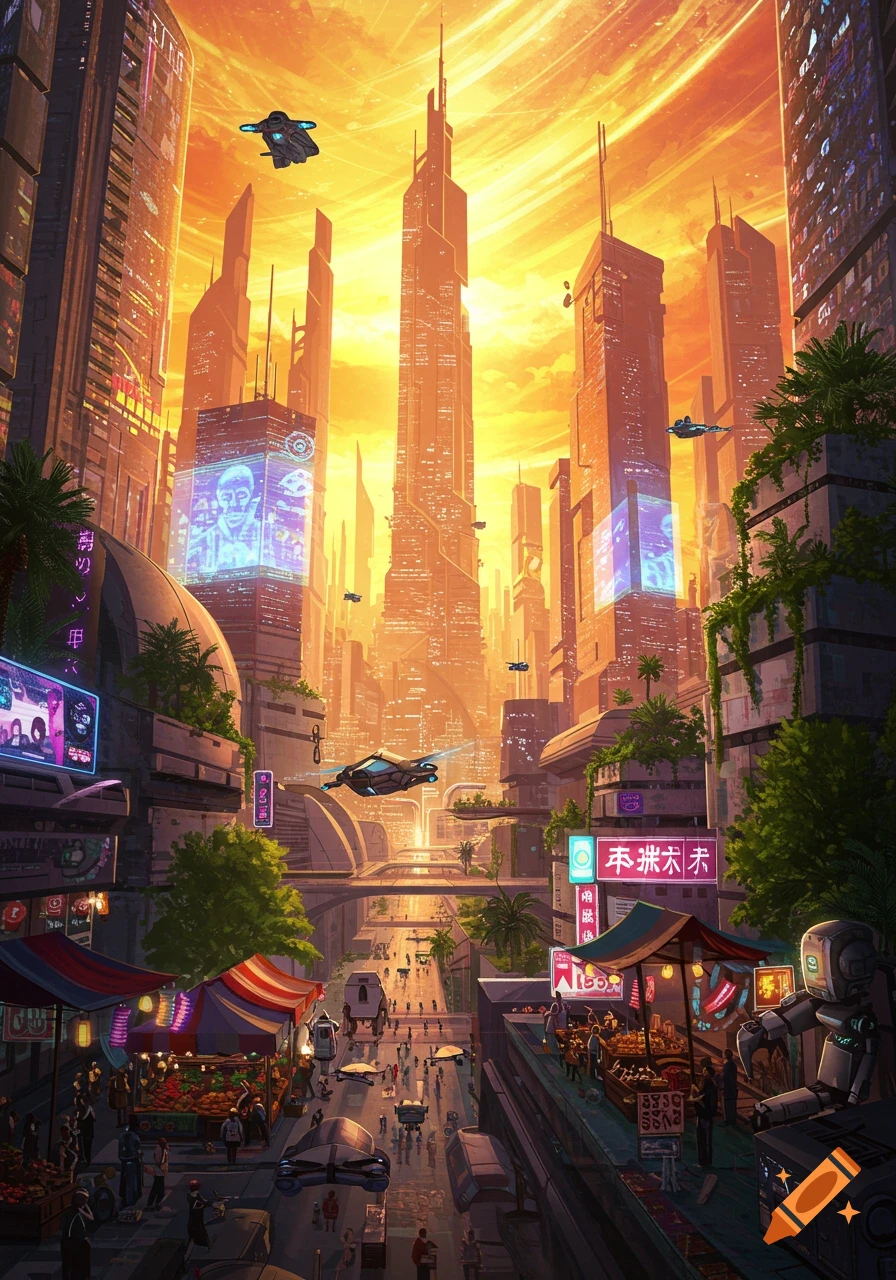A vibrant futuristic city at sunset, with towering skyscrapers, flying vehicles, neon signs, and busy street markets below.