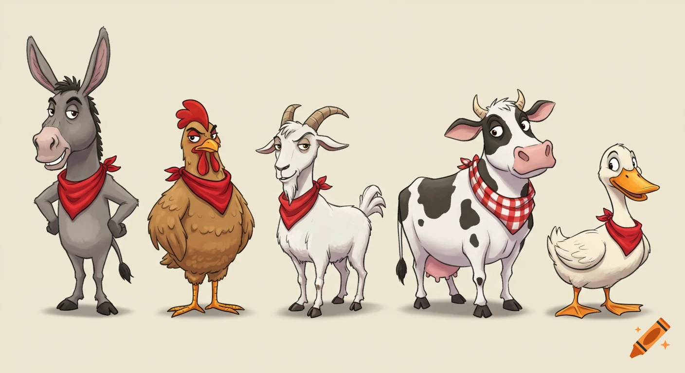 A whimsical, polished cartoon illustration of a donkey, chicken, goat, cow, and duck, all wearing red bandanas.
