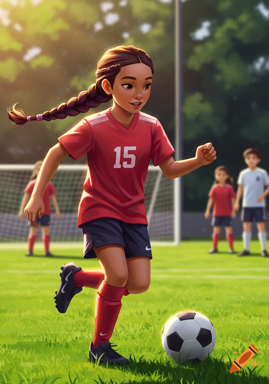 A stylized illustration of a young girl in a red '15' jersey dribbling a soccer ball on a sunny green field with other players.