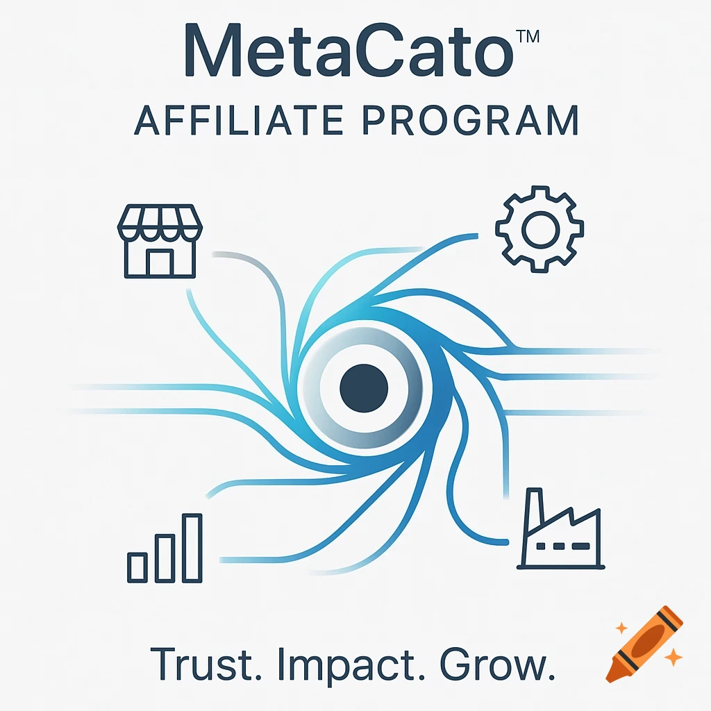 A modern business graphic for MetaCato Affiliate Program with abstract blue connections, icons, and text 'Trust. Impact. Grow.'