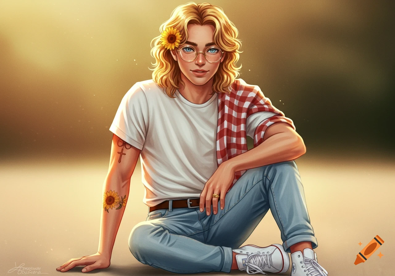 Digital illustration of a blonde man with glasses sitting, wearing a white t-shirt, jeans, and a red flannel, with a sunflower behind his ear.