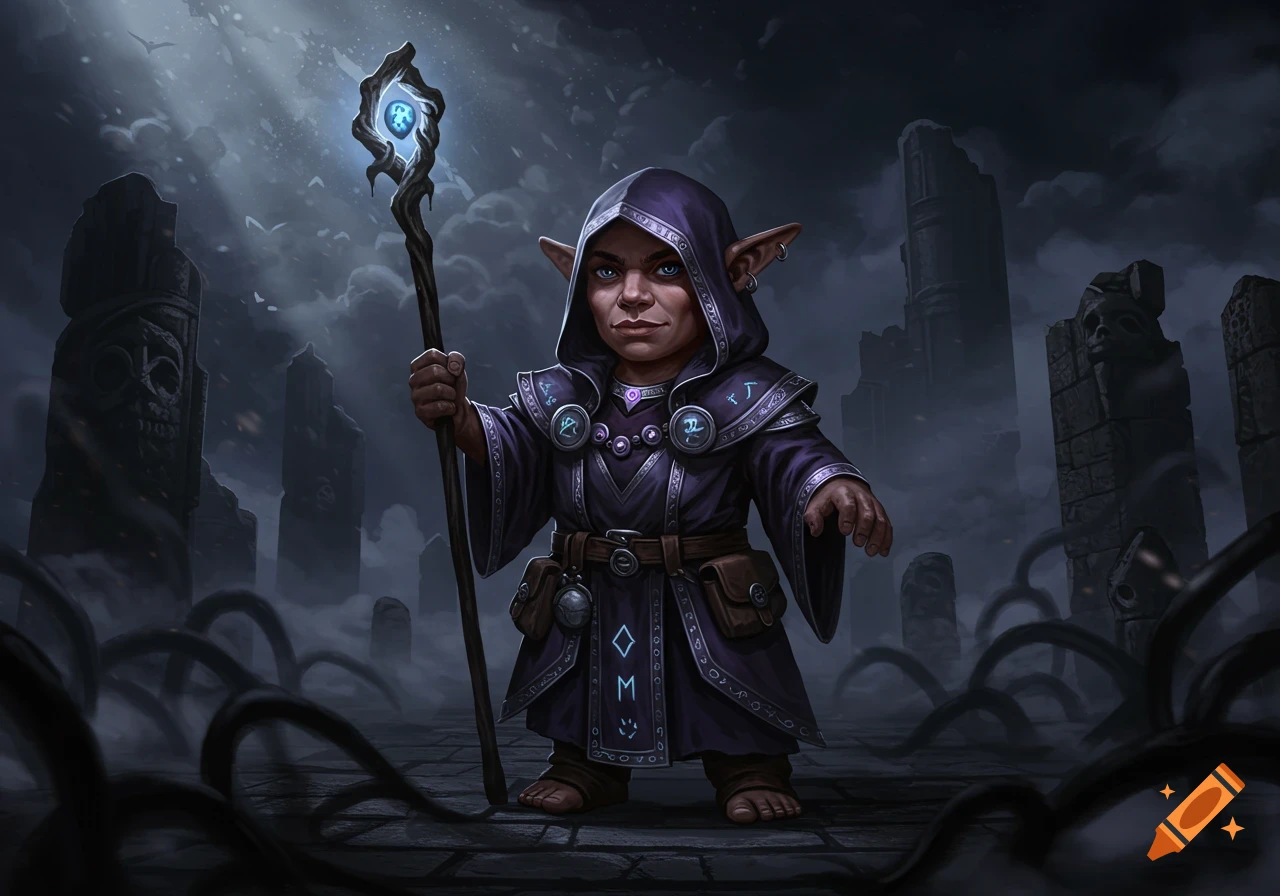 A small, serious halfling cleric in a dark hooded robe holds a glowing staff amidst ruins under a cloudy, moonlit sky. Fantasy art.