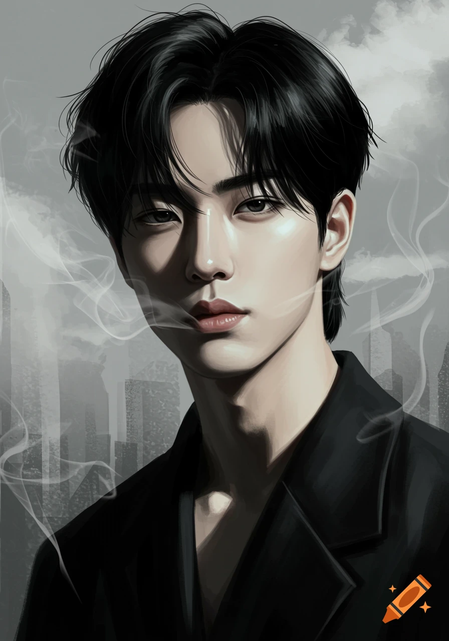 Stylized illustration of an Asian man with black hair, pale skin, and shadows under his eyes, wearing a dark jacket with smoke around his face and a blurred city background.