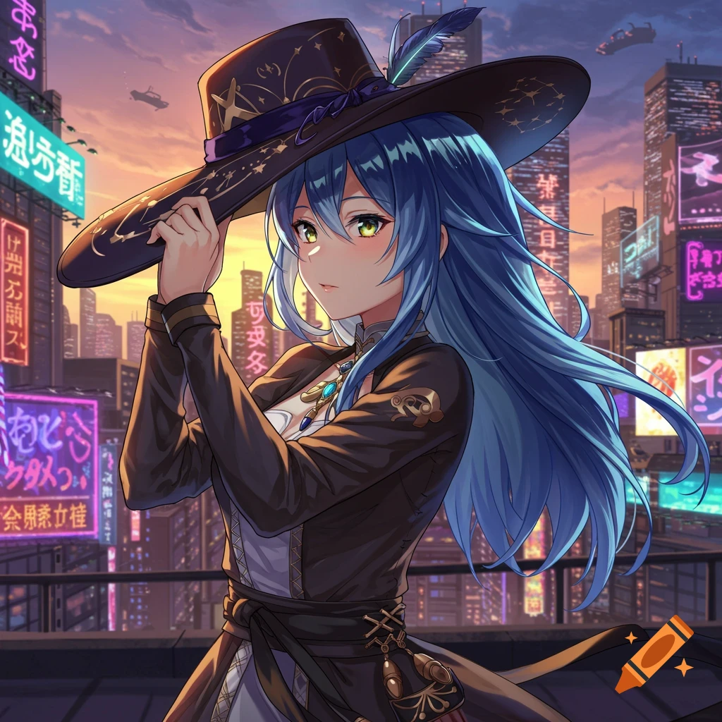 Anime woman with blue hair holding a wide-brimmed hat against a neon-lit futuristic cityscape at sunset.
