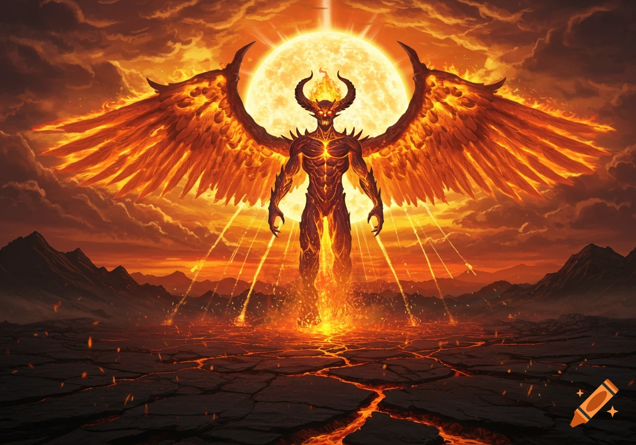 A menacing fire demon with flaming wings stands before a giant sun in a cracked, lava-filled hellscape.