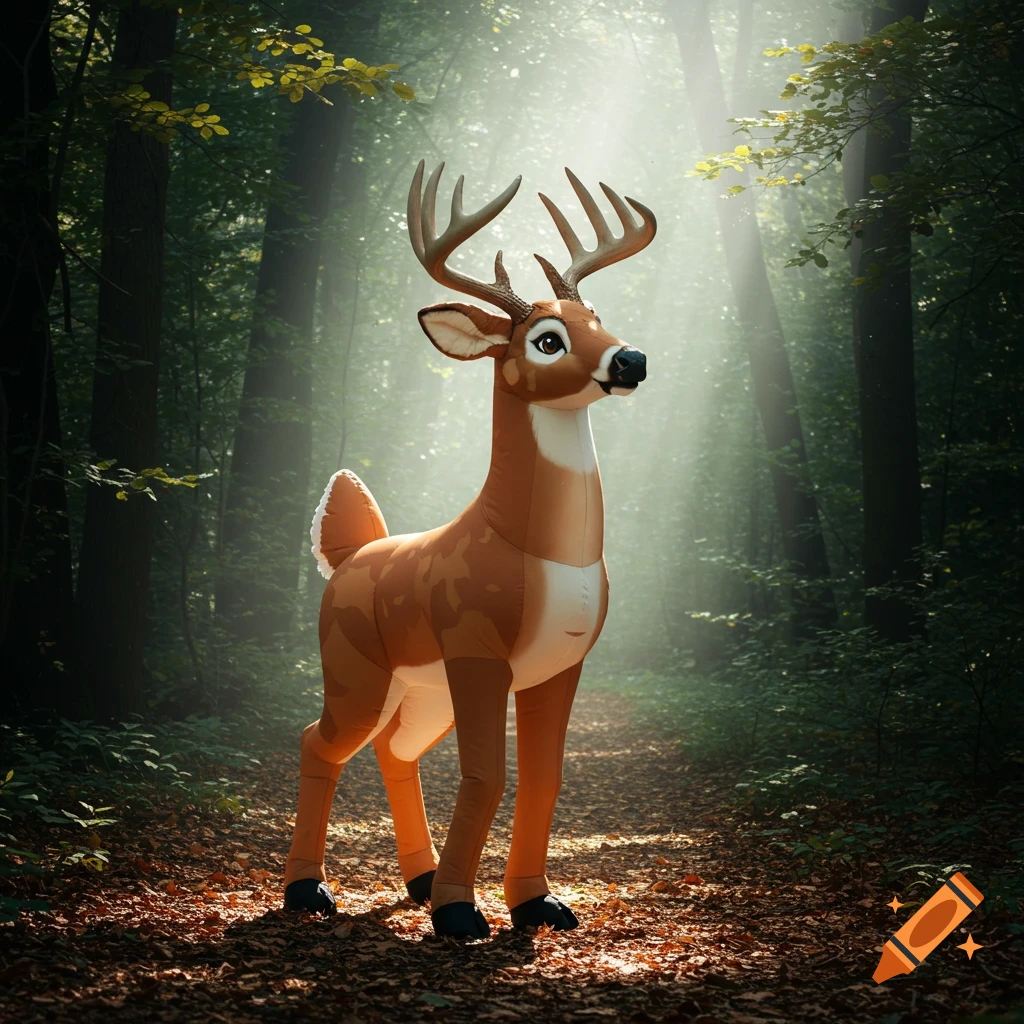 An inflatable white-tailed deer buck stands on a path in a sun-dappled forest.