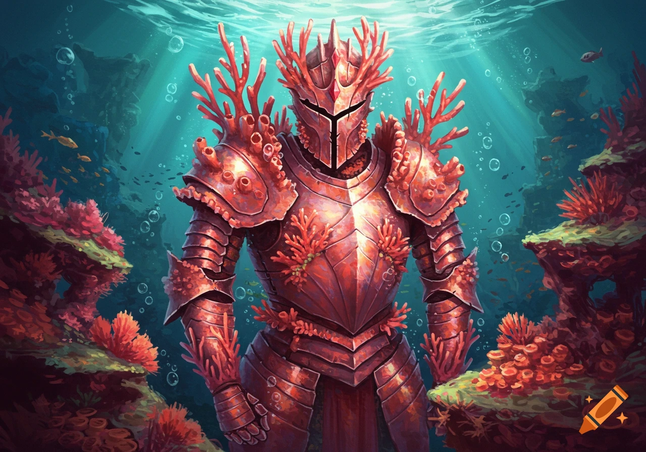 A knight in ornate coral armor stands underwater surrounded by coral reefs and small fish, with sun rays from above.