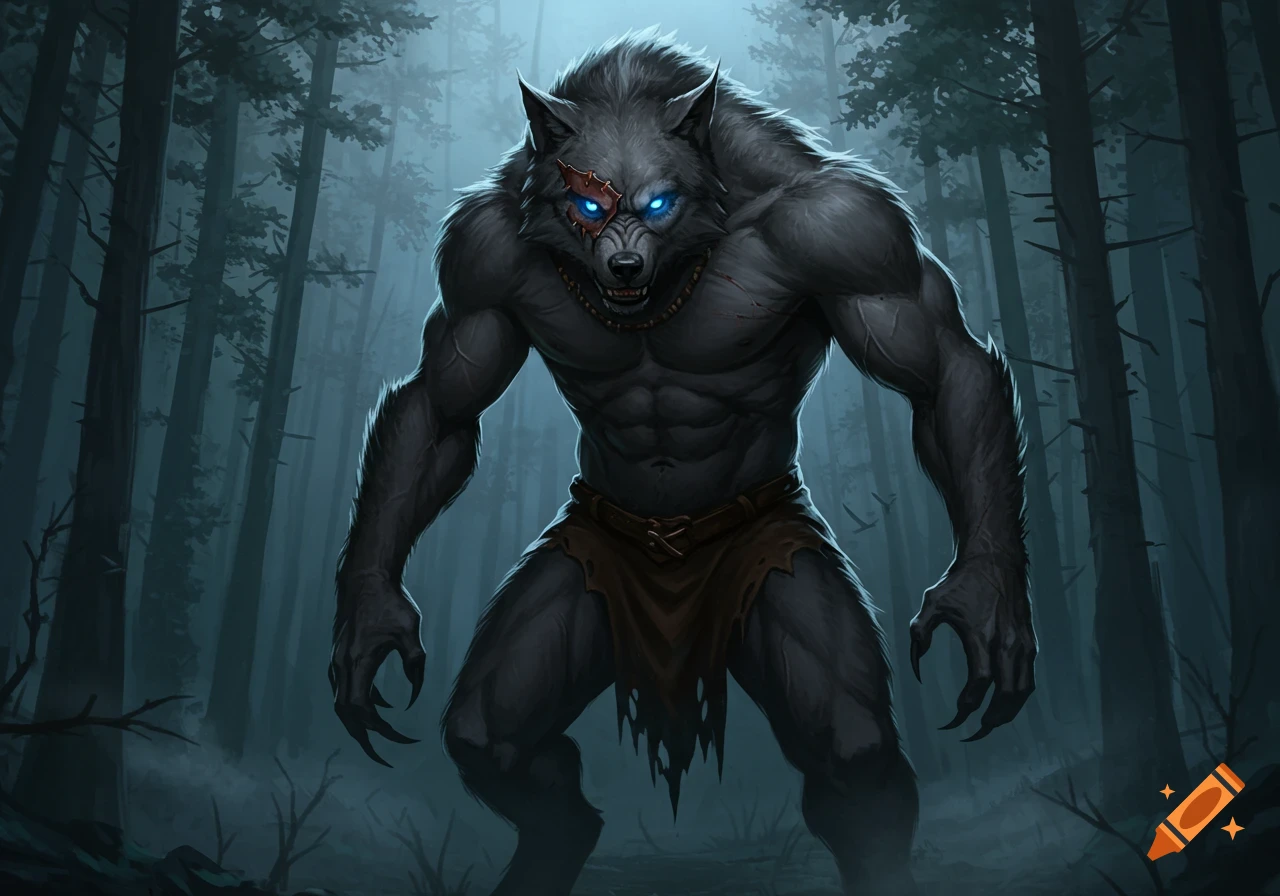 A muscular, dark grey werewolf with glowing blue eyes and an eyepatch stares angrily from a dark, misty forest.