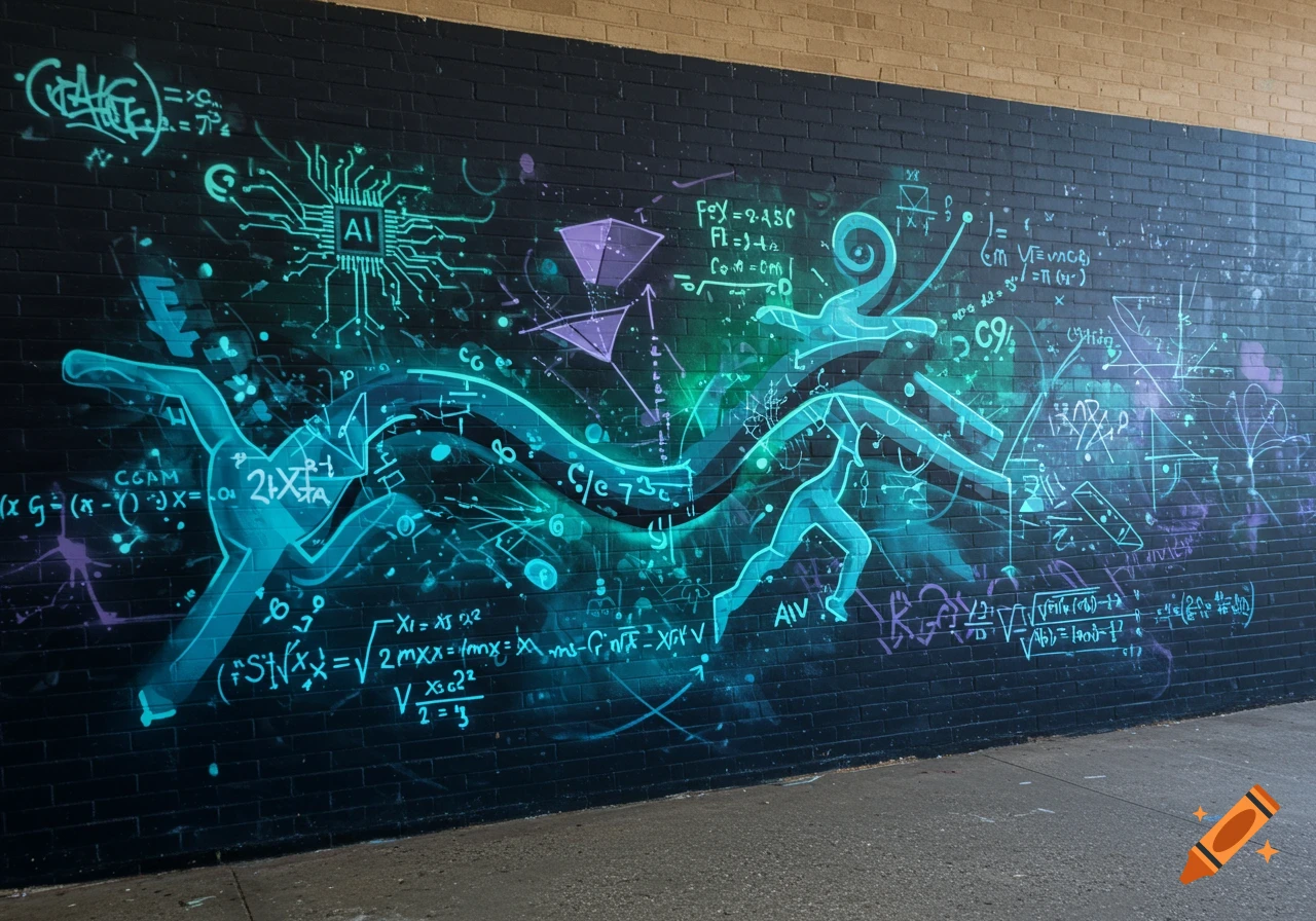 A futuristic graffiti mural on a dark brick wall, featuring neon blue, green, and purple mathematical formulas, AI circuits, and abstract figures.