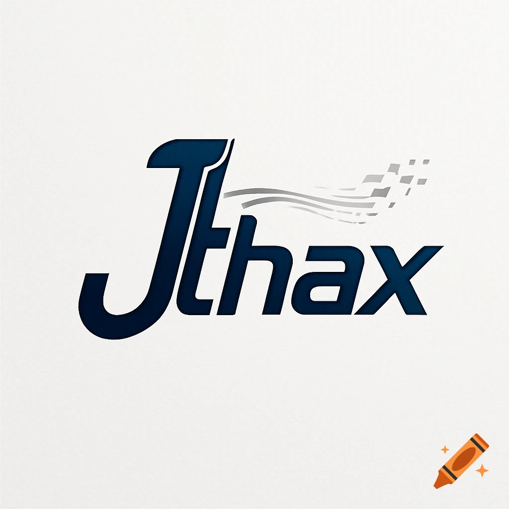 A stylized dark blue logo for Jthax, featuring the company name with grey wisps and pixelated elements on a light background.
