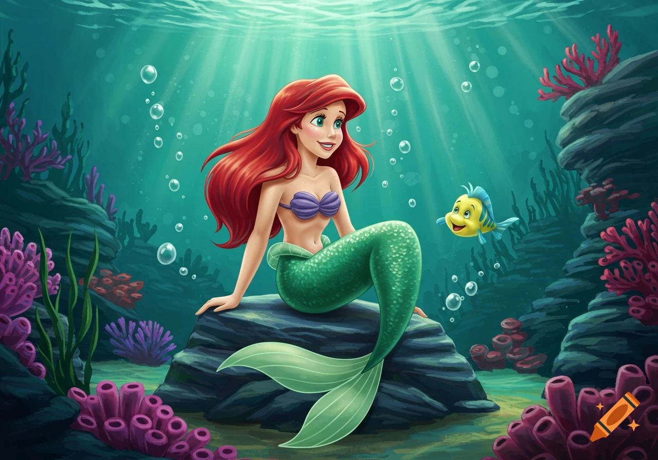Ariel the Little Mermaid with red hair and a green tail sits on a rock underwater with Flounder the fish beside her, surrounded by coral.