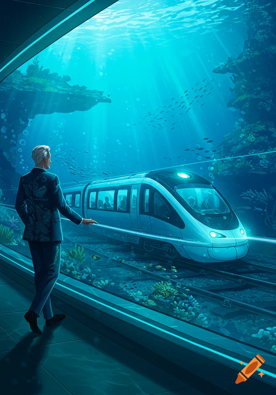 A man in a suit observes a futuristic underwater train passing coral reefs and fish through a large window, digital art.