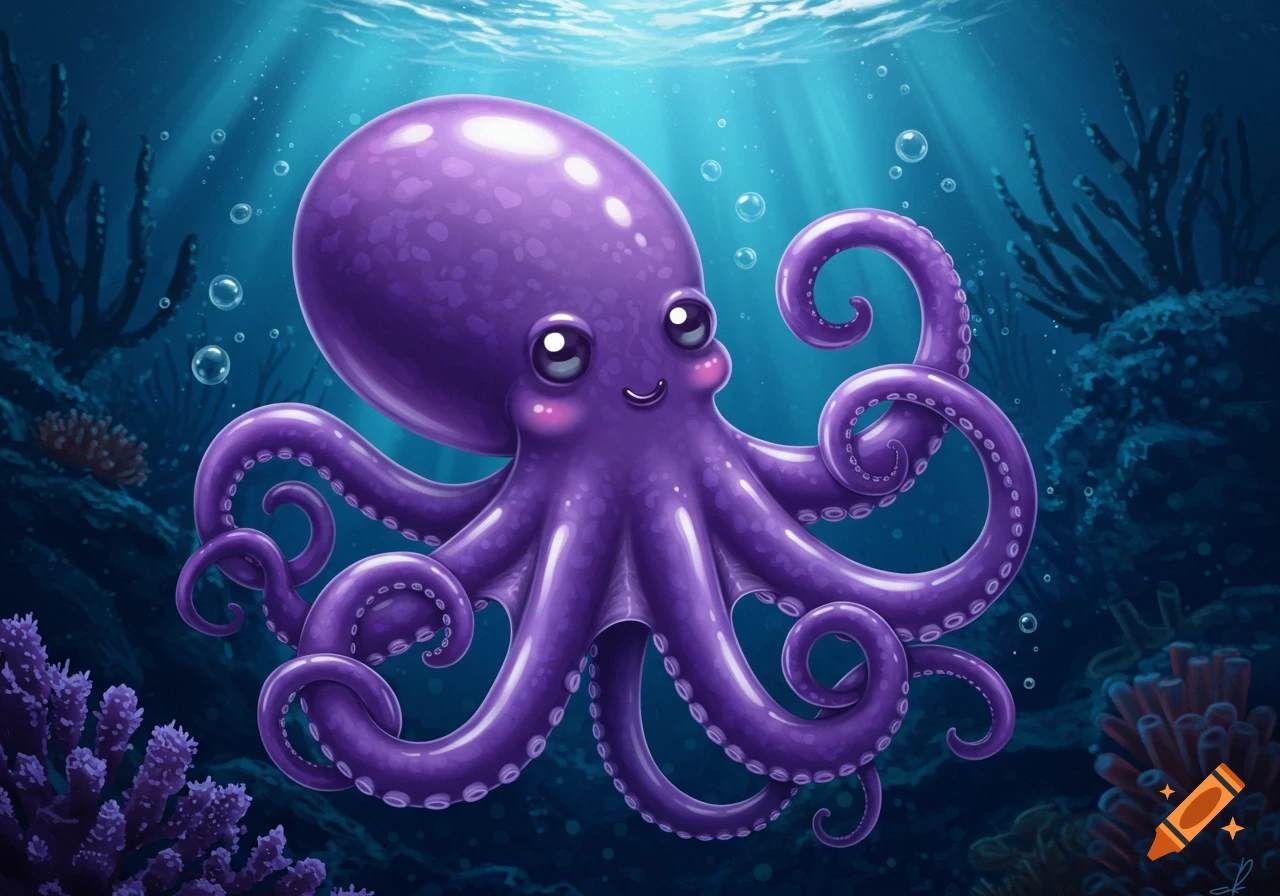 A cute purple cartoon octopus with big eyes and rosy cheeks floats underwater amidst coral and bubbles.