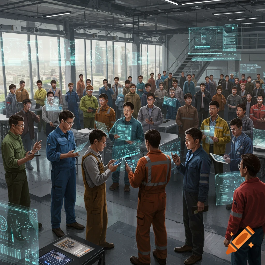 A large group of male engineers in a modern factory or lab, many interacting with holographic displays and tablets showing data.
