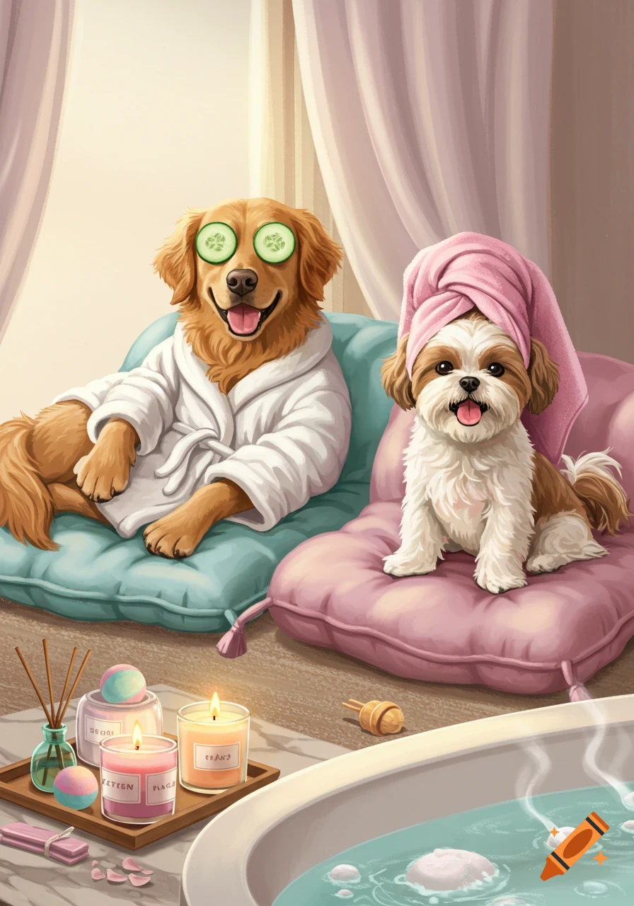 Two happy dogs, a golden retriever and a shih tzu, enjoying a spa day with bathrobes, cucumber slices, and towels, next to candles and a bathtub.