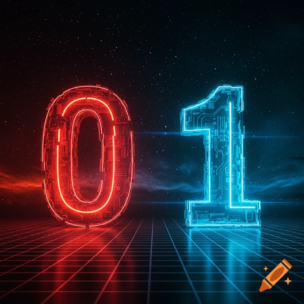 Digital art of glowing red '0' and blue '1' numbers with circuit board patterns on a grid floor in space.
