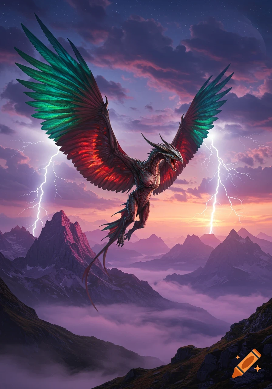 A powerful dragon with red and green wings flies over a majestic mountain range at dusk, illuminated by lightning.