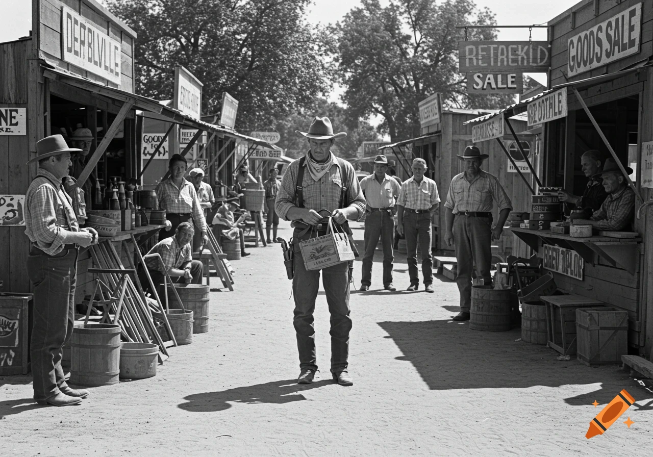 A black and white photo of men in cowboy hats and plaid shirts standing in a dirt street lined with wooden stalls in a Western town. One man in the center holds a box.
