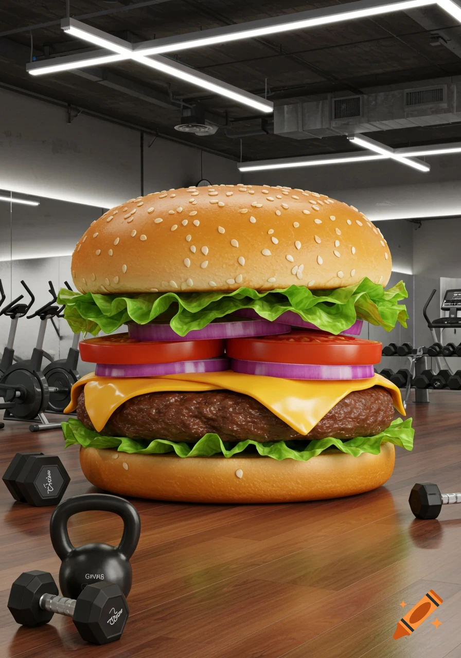 A large, photorealistic burger sits on a gym floor surrounded by weights and exercise equipment.