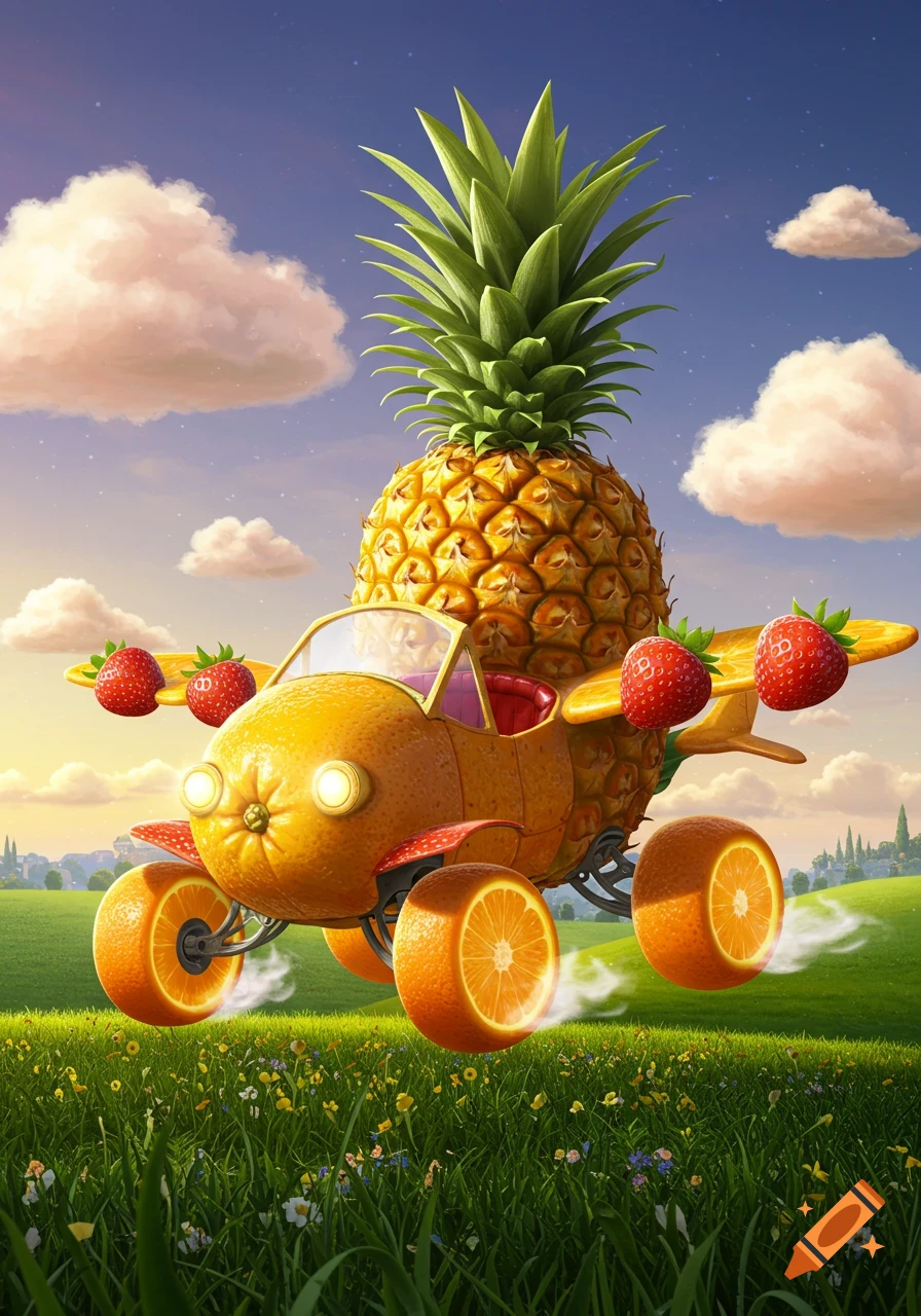 A fantasy fruit vehicle with an orange body, pineapple top, strawberry wings, and orange slice wheels, flying over a sunny green field.